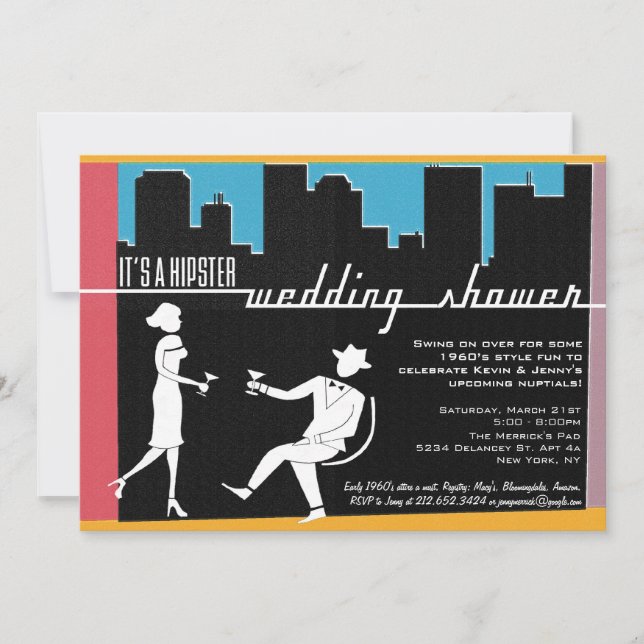 Invitación a Boda o ducha nupcial de Hipster 1960 (Anverso)