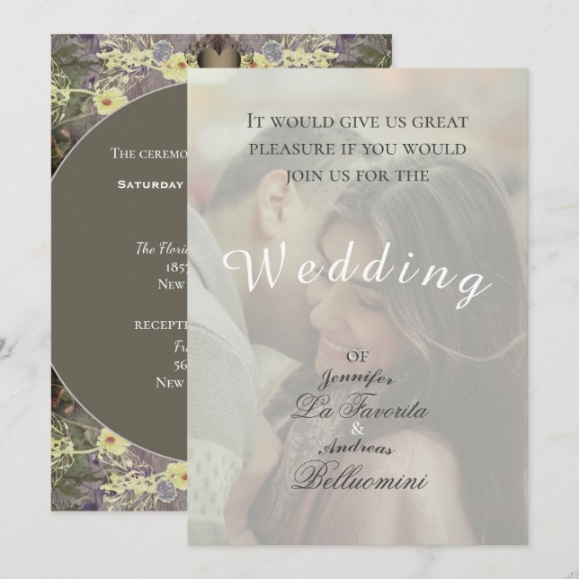 Invitación a Boda y foto de invierno con flores (Anverso / Reverso)