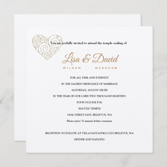 Invitación a Boda y recepción de Gold Heart Temple (Anverso / Reverso)