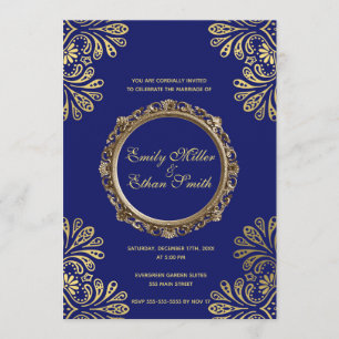 Invitación a bodas Blue Gold Abstract Floral