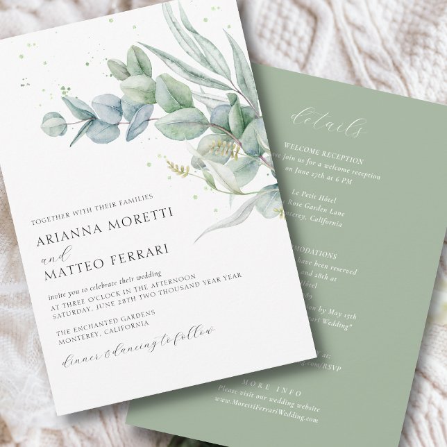 Invitación a bodas botánicas de vegetación con RSV (Modern  wedding invitation with elegant eucalyptus greenery including details and RSVP on back)