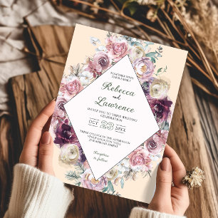 invitación a bodas botánicas rosa con polvo de mod