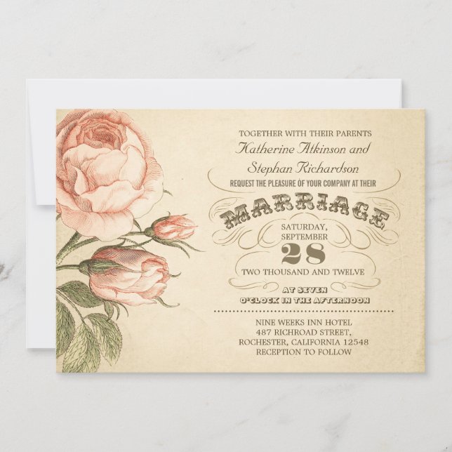 invitación a bodas botánicas rosa rosa rosado vint (Anverso)