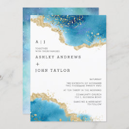 Invitación a bodas con abstrato de oro y azul oceá