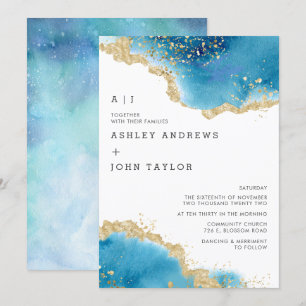 Invitación a bodas con abstrato de oro y azul oceá