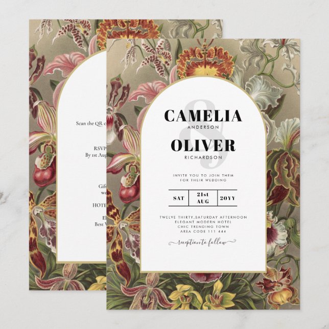 Invitación a bodas con flores de borgoña botánica  (Anverso / Reverso)
