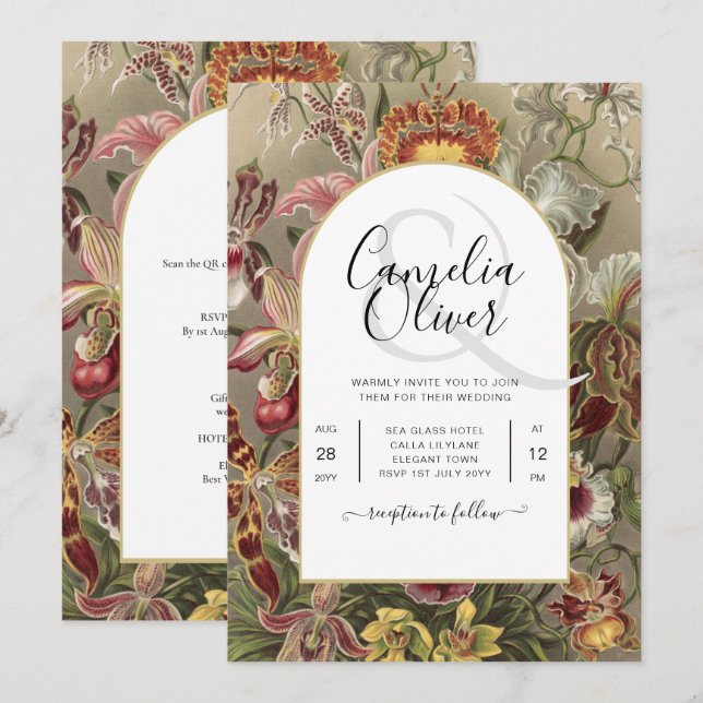 Invitación a bodas con flores de borgoña botánica  (Anverso / Reverso)