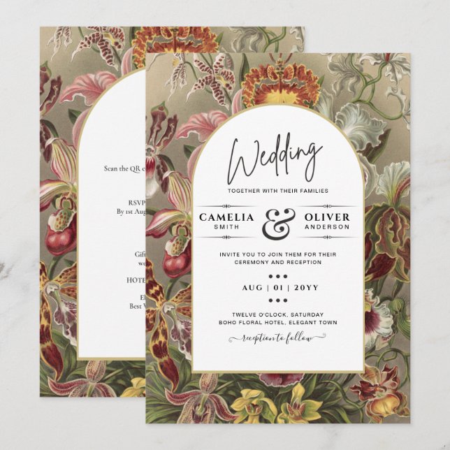Invitación a bodas con flores de borgoña botánica  (Anverso / Reverso)