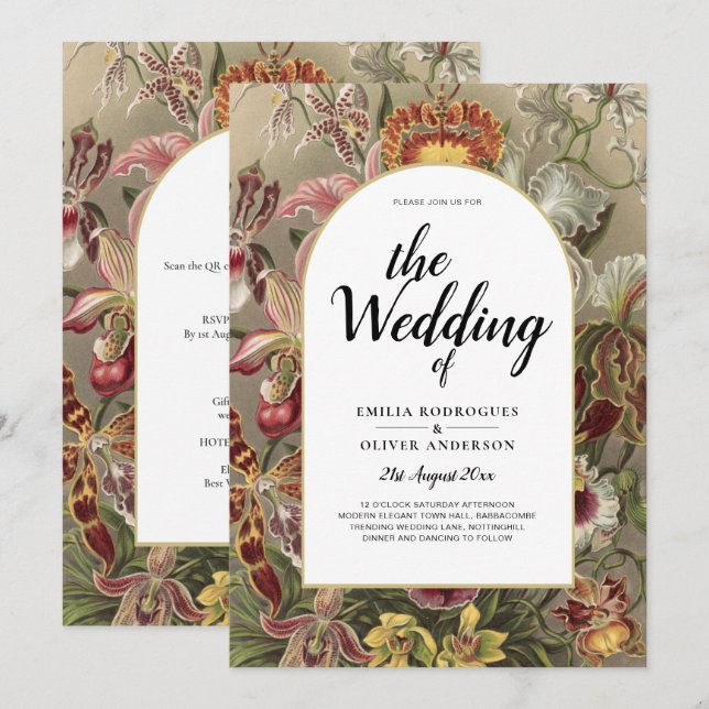 Invitación a bodas con flores de borgoña botánica  (Anverso / Reverso)