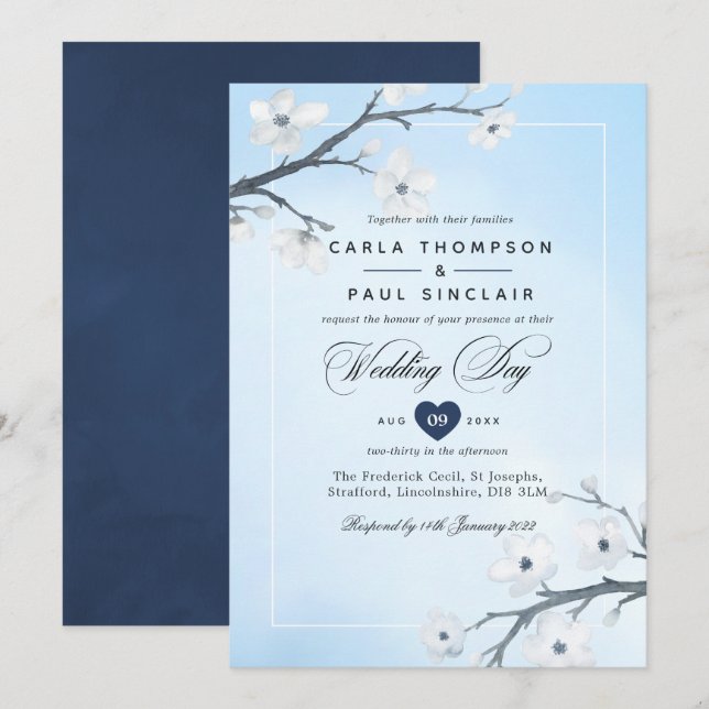 Invitación a bodas con flores de cerezo blanco (Anverso / Reverso)
