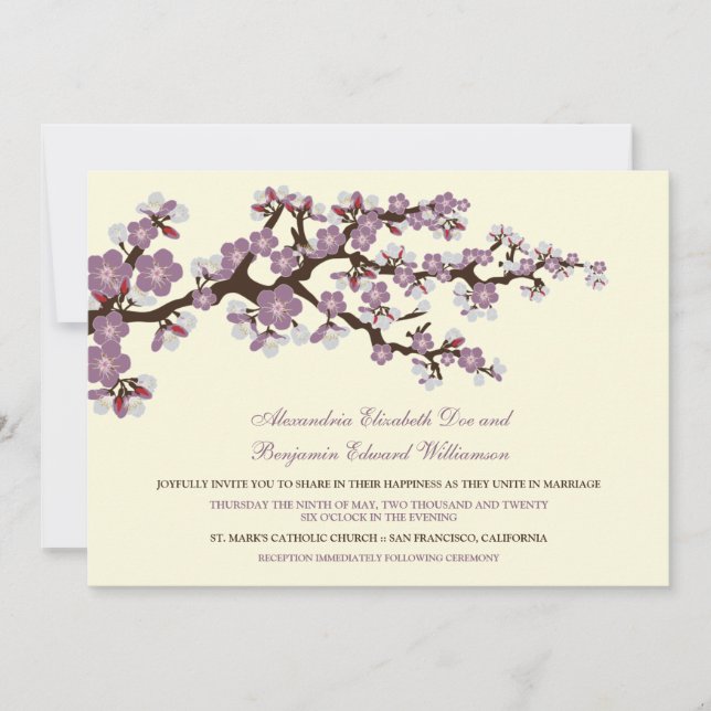 Invitación a bodas con flores de cerezo (lavanda) (Anverso)