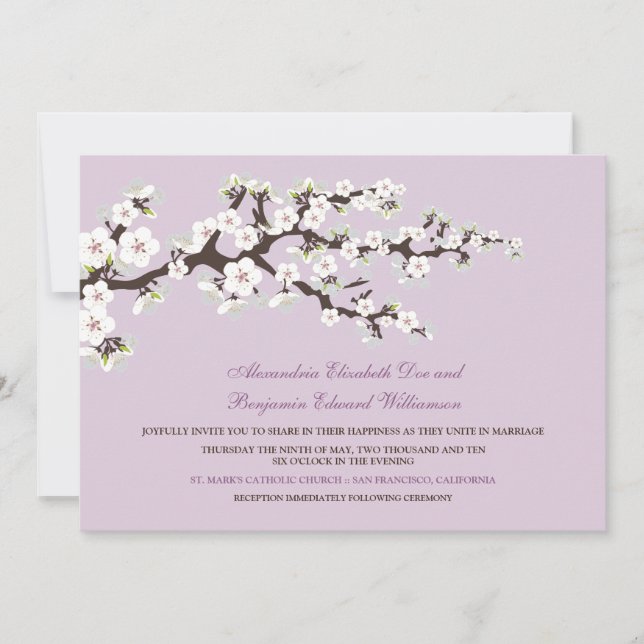 Invitación a bodas con flores de cerezo (lilac) (Anverso)