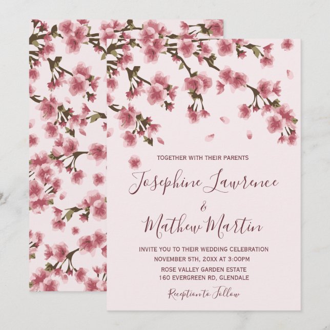 Invitación a bodas con flores de cerezo rosado (Anverso / Reverso)