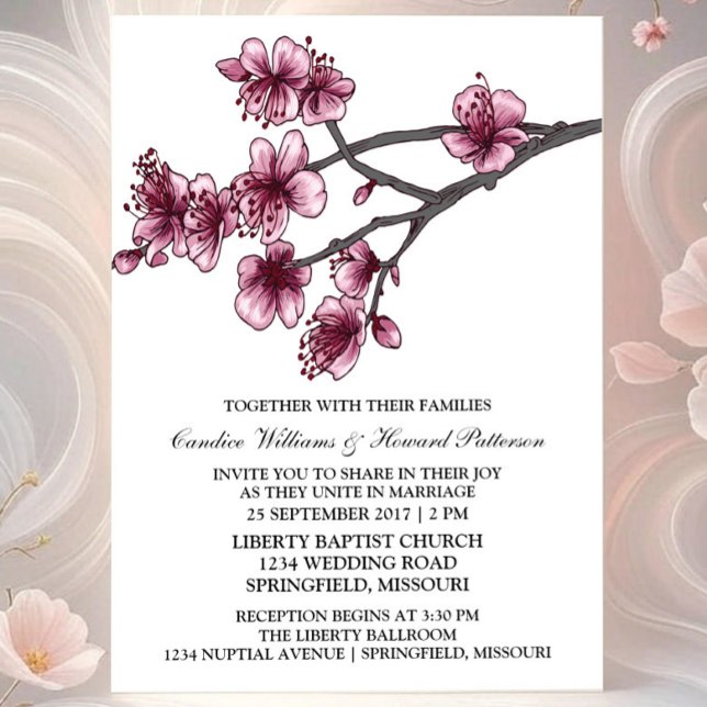 Invitación a bodas con flores de cerezo simple ros (Pink Simple Cherry Blossom Wedding Invite)
