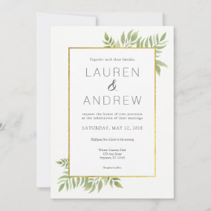Invitación a bodas con flores de color verde oro