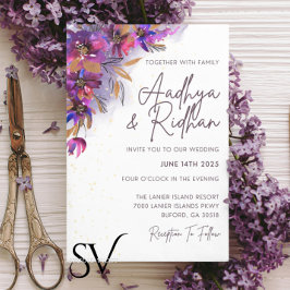 Invitación a bodas con flores moradas de berenjena