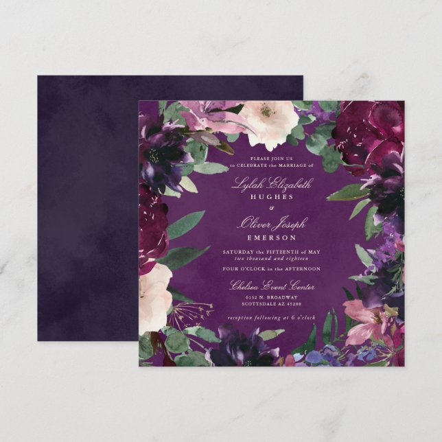 Invitación a bodas con flores moradas de berenjena (Anverso / Reverso)