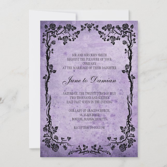 Invitación a bodas con flores púrpura venecianas (Anverso)