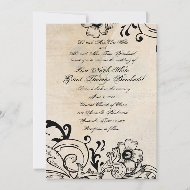 Invitación a bodas con flores retro chic de Shabby (Anverso)