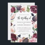 Invitación a bodas con flores rosa, burdeos e higo<br><div class="desc">Invitación a una boda floral de color rosa,  burdeos y higo acuático. Acuarela floral,  follaje y fruta pintada a mano. Parte de una suite boda. El color de fondo se puede personalizar.</div>