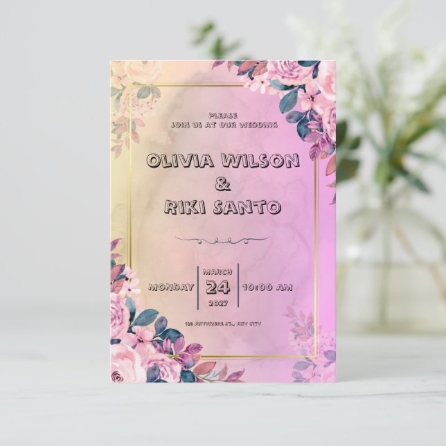 invitación a bodas con flores rosadas (Anverso de pie)