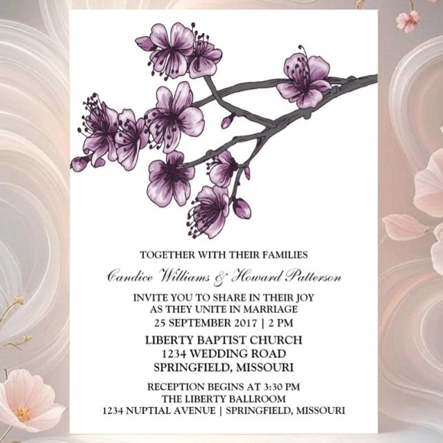 Invitación a bodas con puras flores de cerezo simp (Purple Simple Cherry Blossom Wedding Invite)