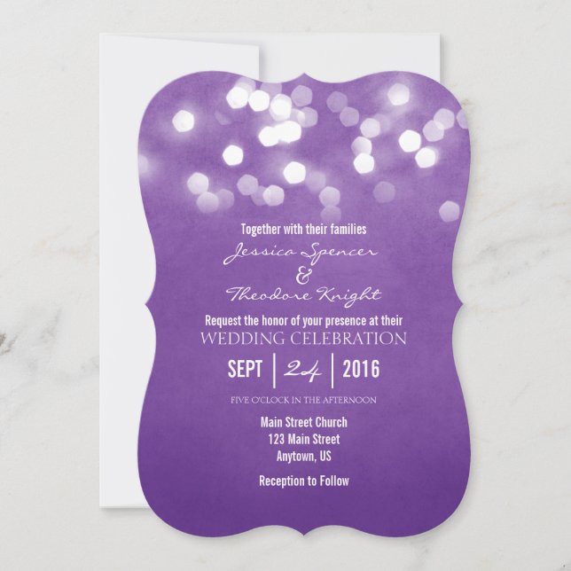Invitación a bodas con Purpurina morado (Anverso)