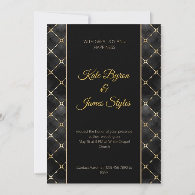 Invitación a bodas con resumen de negro y oro (Anverso)