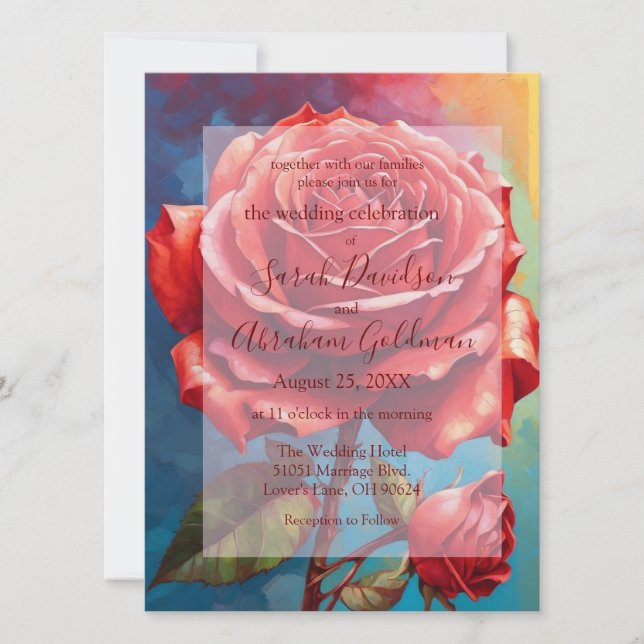 Invitación a bodas con rosas rojas rosadas de boni (Anverso)