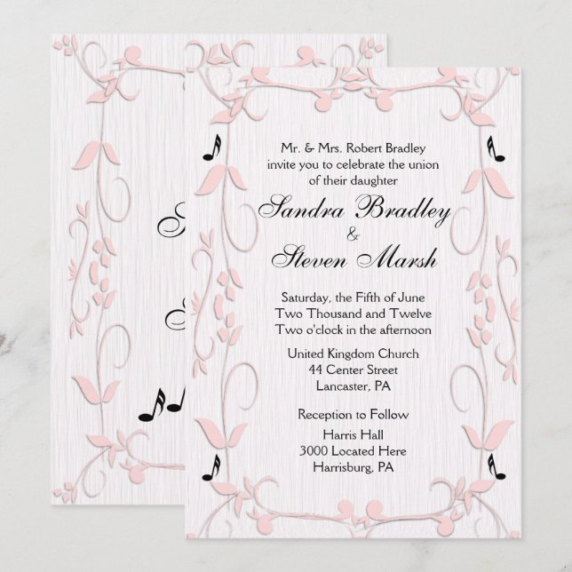 Invitación a bodas con vinos rosados y notas music (Anverso / Reverso)