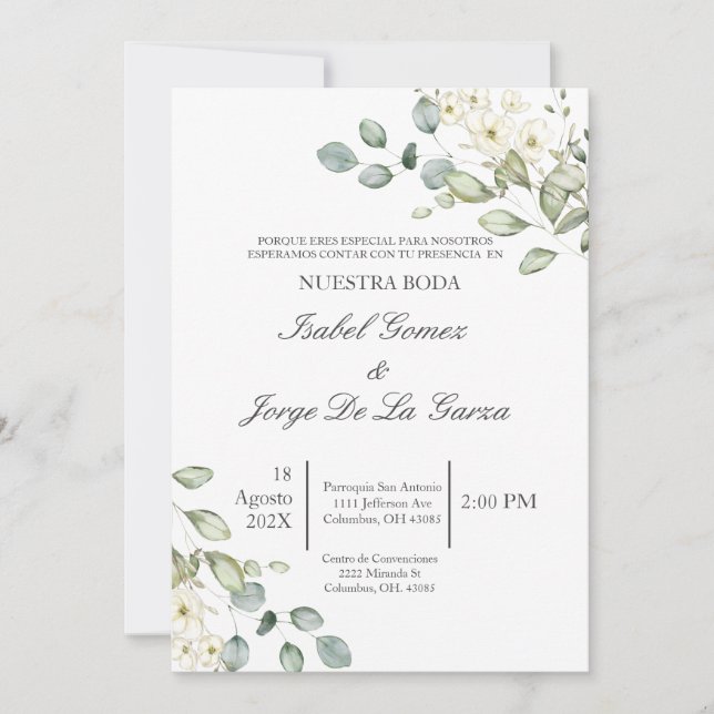 Invitación a bodas de bodas con flores blancas en  (Anverso)