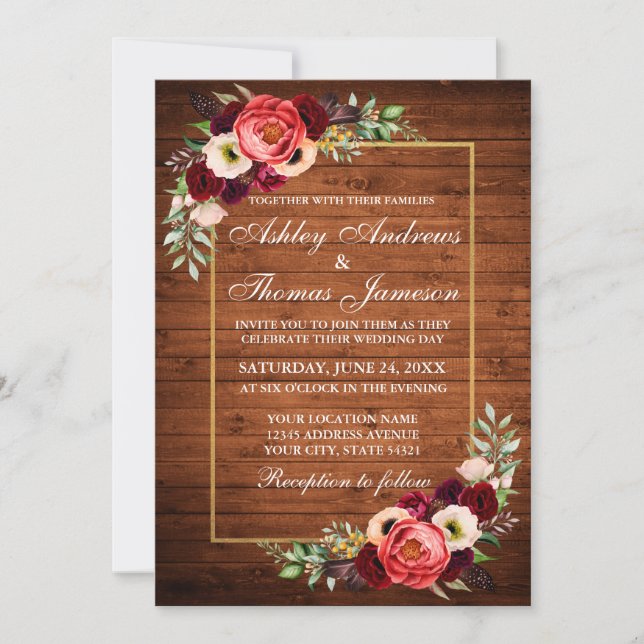 Invitación a bodas de boho de madera floral rústic (Anverso)