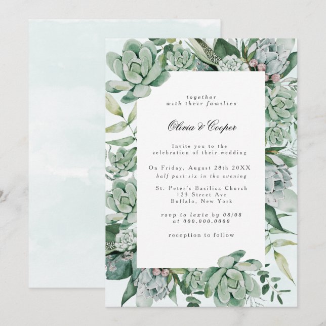 Invitación a bodas de Boho Succulent Greenery Wedd (Anverso / Reverso)