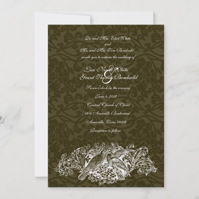 Invitación a bodas de brocado marrón de pájaros am (Anverso)