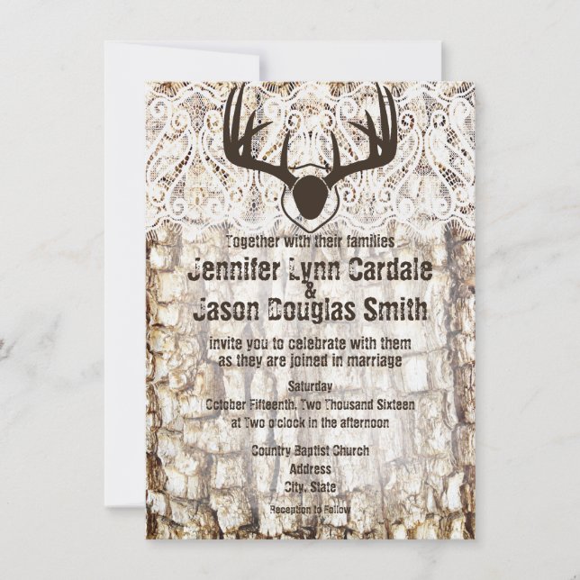 Invitación a bodas de caza rústica de camos (Anverso)