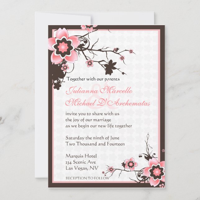 Invitación a bodas de cerezos rosados y marrones (Anverso)