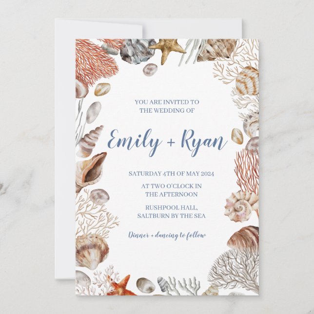 Invitación a bodas de coral de conchas marinas cos (Anverso)