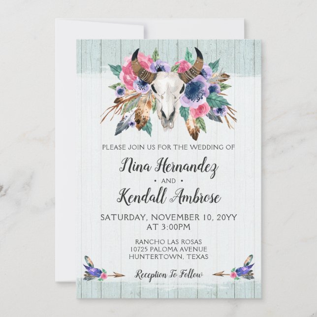 Invitación a bodas de cráneo de vaca floral rústic (Anverso)