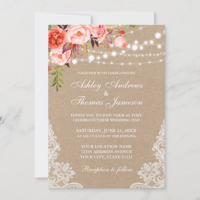 Invitación a bodas de encaje de las luces florales (Anverso)