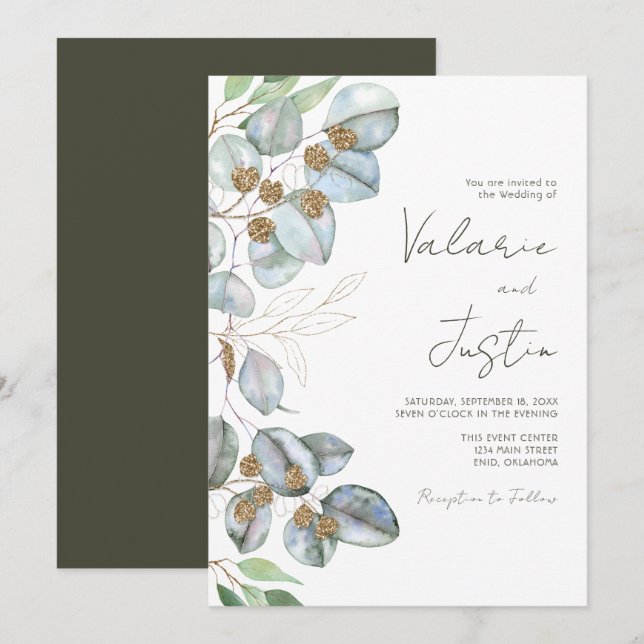 Invitación a bodas de eucalipto de verde (Anverso / Reverso)