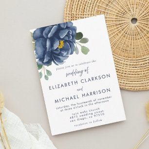 Invitación a bodas de eucalipto floral azul marino