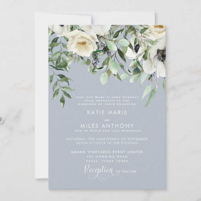 Invitación a bodas de eucalipto floral blanco (Anverso)