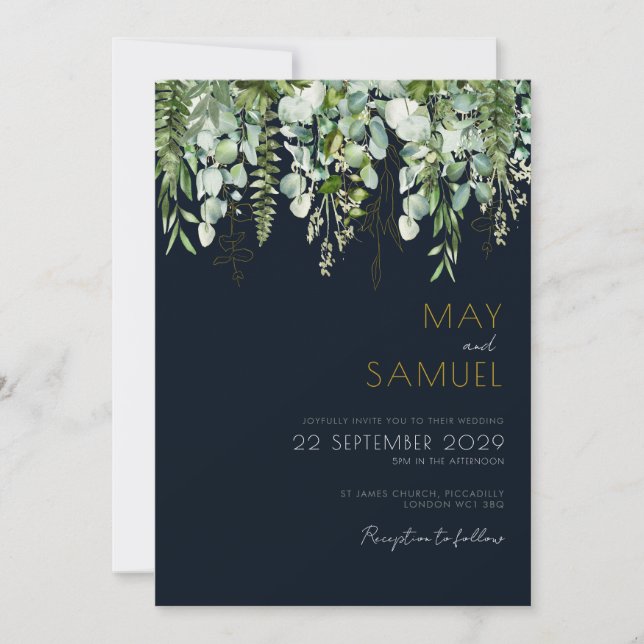 Invitación a bodas de eucalipto Greenery & Navy (Anverso)