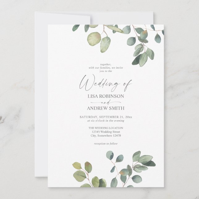 Invitación a bodas de eucalipto rústico (Anverso)