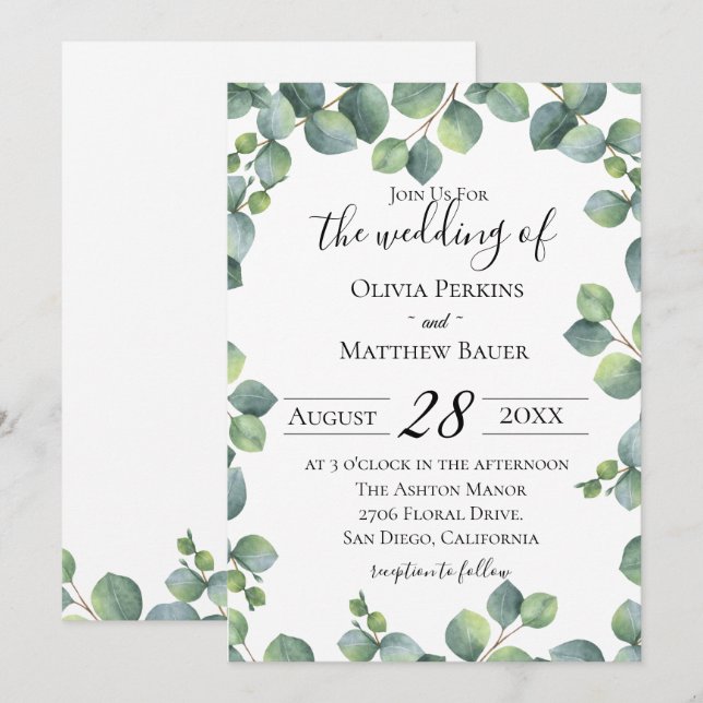 Invitación a bodas de eucalipto verde (Anverso / Reverso)