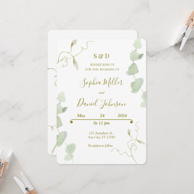 Invitación a bodas de eucalipto y florecimiento (Anverso/Reverso In Situ)