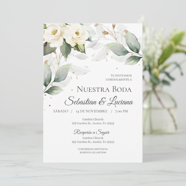 Invitación a bodas de Eucalyptus en español (Anverso de pie)