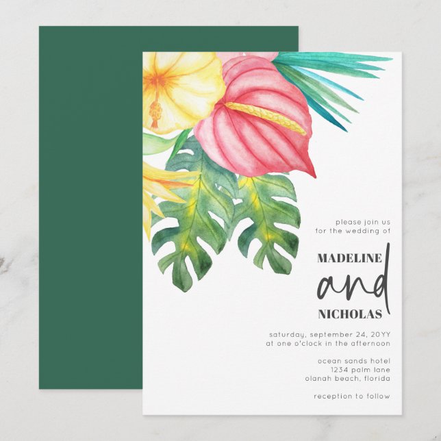 Invitación a bodas de flores tropicales (Anverso / Reverso)