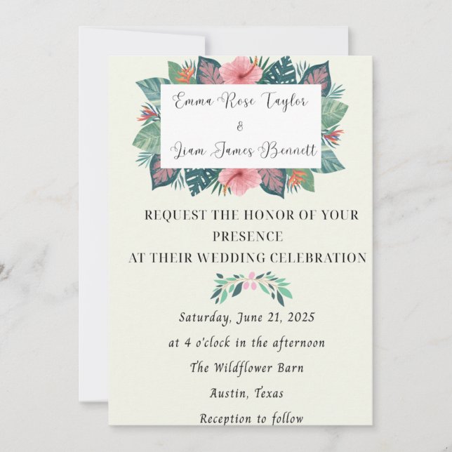 Invitación a bodas de flores tropicales (Anverso)