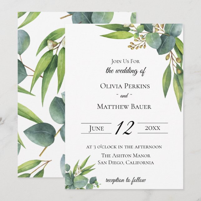 Invitación a bodas de follaje Eucalyptus (Anverso / Reverso)